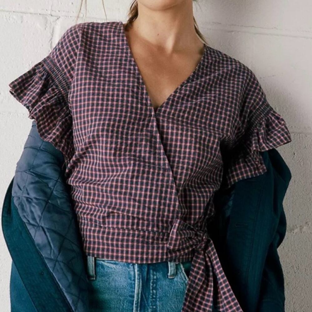 Madewell Plaid Flutter Sleeve Side Tie Wrap Top Size Small
